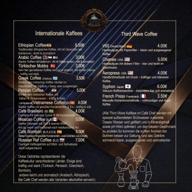 Internationale Kaffee-Auswahl mit Preisen und Herkunftsländern.