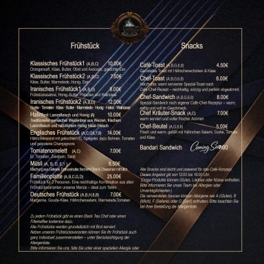 Speisekarte mit Frühlingsrollen, Burger, Salaten und Snacks auf dunklem Hintergrund.