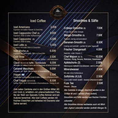 Preisliste für Eiskaffees und Cocktails mit Preisen in Euro.