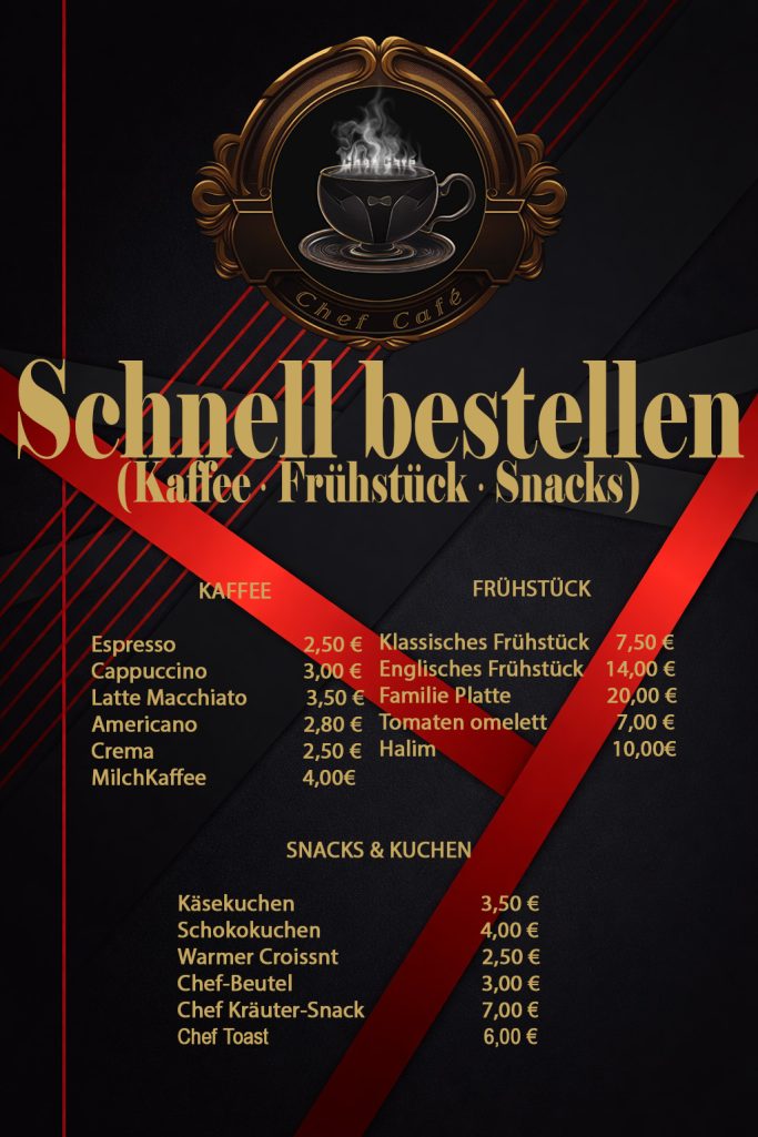 Speisekarte mit Kaffeespezialitäten und Snacks auf schwarzem Hintergrund.