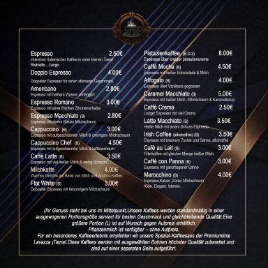 Speisekarte mit Preisen für verschiedene Kaffeesorten und Getränke.