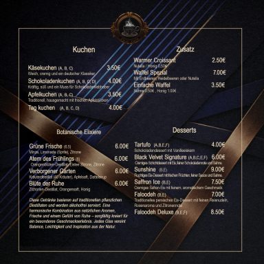 Speisekarte mit Kuchen, Snacks, und Desserts, Preise aufgeführt.