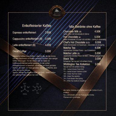 Kaffeekarte mit verschiedenen Kaffeesorten und Preisen.
